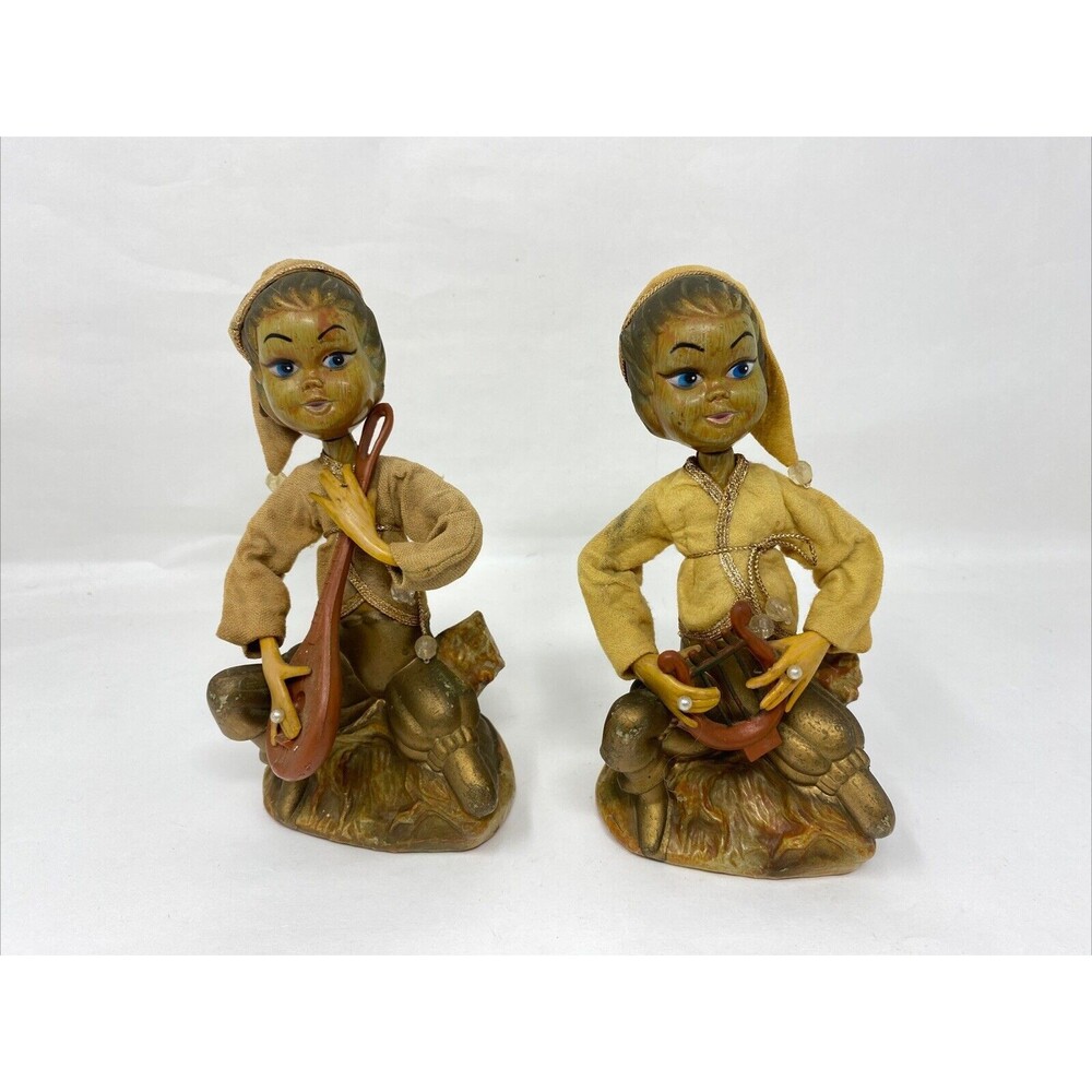 PAIR OF VINTAGE TILSO PIXIES ELF MUSICIANS PLASTIC FELT MADE IN HONG KONG